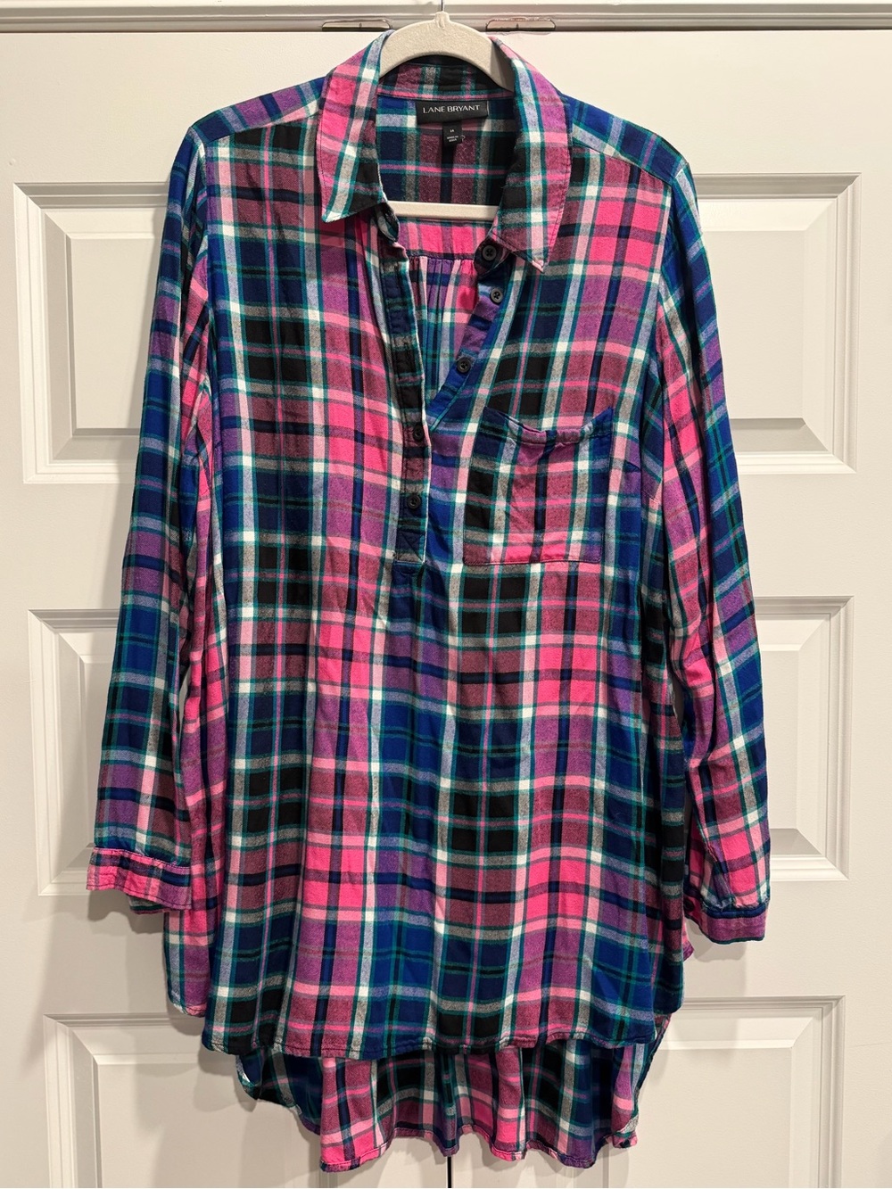Lane Bryant Teal, Pink & Purple Plaid Shirt